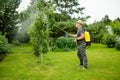 Middle age gardener with a mist fogger sprayer sprays fungicide and pesticide on bushes and trees. Protection of cultivated plants