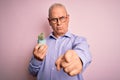 Middle age handsome hoary man holding small cactus plant pot over isolated pink background pointing with finger to the camera and Royalty Free Stock Photo