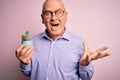 Middle age handsome hoary man holding small cactus plant pot over isolated pink background very happy and excited, winner Royalty Free Stock Photo