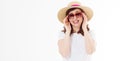 Middle age happy woman in summer hat, sunglasses. Summertime skin protection, fashion accessories. Female in blank template white