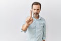 Middle age hispanic man with beard standing over isolated background pointing with finger up and angry expression, showing no Royalty Free Stock Photo