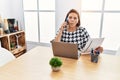 Middle age hispanic woman working at the office with laptop speaking on the phone making fish face with mouth and squinting eyes, Royalty Free Stock Photo