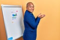 Middle age latin man wearing business clothes on chart presentation pointing aside with hands open palms showing copy space, Royalty Free Stock Photo