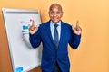 Middle age latin man wearing business clothes on chart presentation smiling amazed and surprised and pointing up with fingers and Royalty Free Stock Photo