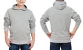 Middle age man in gray sweatshirt template isolated. Male sweatshirts set with mockup, copy space. Sweat shirt design front rear