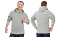 Middle age man in gray sweatshirt template isolated. Male sweatshirts set with mockup and copy space. Sweatshirt design front rear