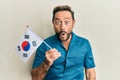 Middle age man holding south korea flag scared and amazed with open mouth for surprise, disbelief face Royalty Free Stock Photo