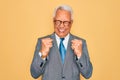 Middle age senior grey-haired handsome business man wearing glasses over yellow background excited for success with arms raised Royalty Free Stock Photo