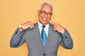 Middle age senior grey-haired handsome business man wearing glasses over yellow background smiling cheerful showing and pointing Royalty Free Stock Photo