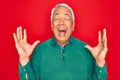 Middle age senior grey-haired man wearing casual sweater over red isoalted background celebrating mad and crazy for success with Royalty Free Stock Photo