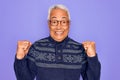 Middle age senior grey-haired man wearing glasses and winter sweater over purple background celebrating surprised and amazed for Royalty Free Stock Photo