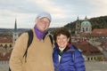 middle age senior smiling man woman tourist couple Castle District Prague Czech Republic