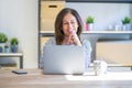 Middle age senior woman sitting at the table at home working using computer laptop looking confident at the camera smiling with Royalty Free Stock Photo