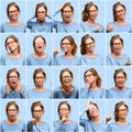 Middle age woman, different emotions collage over blue background