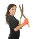 Middle age woman gardener with hand shears cutter