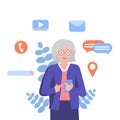 Middle age woman using smartphone in good level. Active social network user in senior citizen, elderly age. Vector concepts