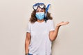 Middle age woman wearing coronavirus protection mask and diving gogles glasses as canceled vacation celebrating achievement with