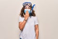 Middle age woman wearing coronavirus protection mask and diving gogles glasses as canceled vacation covering mouth with hand,