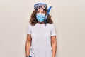 Middle age woman wearing coronavirus protection mask and diving gogles glasses as canceled vacation scared and amazed with open