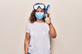 Middle age woman wearing coronavirus protection mask and diving gogles glasses as canceled vacation smiling happy and positive,