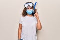 Middle age woman wearing coronavirus protection mask and diving gogles glasses as canceled vacation smiling with an idea or