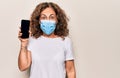 Middle age woman wearing coronavirus protection mask showing smartphone blank screen scared and amazed with open mouth for Royalty Free Stock Photo