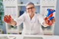 Middle age woman wearing doctor uniform holding heart ventricles at clinic