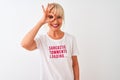 Middle age woman wearing fanny t-shirt with irony comments over isolated white background with happy face smiling doing ok sign