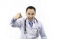 Angry doctor shouting with raised hand pointing finger to you, medical warning
