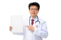 Middle-aged Asian doctor holding message board on white background