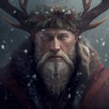 A middle-aged bearded man in a spruce wreath. Father Frost. The Winter Solstice, Celebrating Yule