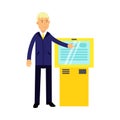 Middle-aged Blonde Man Wearing Suit Standing Next To ATM Vector Illustration