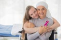 A middle-aged breast cancer woman with clothing around her head effected from chemo therapy sitting on wheel chair and hold hand