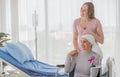 A middle-aged breast cancer woman with clothing around her head effected from chemo therapy sitting on wheel chair and hold hand