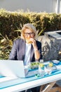 Middle-aged businesswoman having lunch at the park outdoor cafe, picnic area and working on laptop during her break Royalty Free Stock Photo