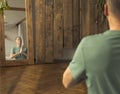 Middle-aged caucasian man practicing meditation, yoga near mirror with his reflection with wooden background with place for text