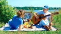 A middle-aged couple, a man and a woman, play the guitar and talk cheerfully at a picnic on a sunny summer day Royalty Free Stock Photo