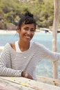 Middle aged couple smiling across a table by the sea, Ibiza Royalty Free Stock Photo