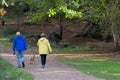 A middle aged couple walking their dog in the forest during autumn Royalty Free Stock Photo