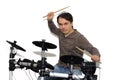 Pretty drummer playing electronic drums. isolated on a white background