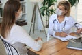 Middle aged female doctor therapist in medical mask on consultation with patient in office