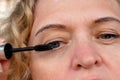 Middle aged female`s eye with drooping eyelid makeup with mascara . Ptosis is a drooping of the upper eyelid, lazy eye.