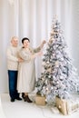 Middle aged happy couple preparing to the winter holidays, decorating beautiful Christmas tree at cozy light studio or Royalty Free Stock Photo