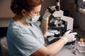 Middle aged lab technician adjusts microscope to research material sample at workplace Royalty Free Stock Photo