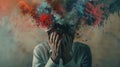 Middle aged man covers his face with palms, surrounded by a paint explosion from his head, symbolizing the multitude of problems Royalty Free Stock Photo