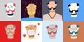 Middle aged man faces. Anti virus mask. Colored pack of various sets and silhouette. Avatar. Vector Flat Illustration