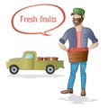 Middle aged man-farmer with box of fruits on white background