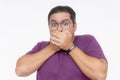 A middle aged man gasping in controversy. Shock value reaction. Isolated on a white background Royalty Free Stock Photo