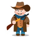 Middle aged man with a gun in jeans, a long coat and a cowboy hat. Cartoon character Royalty Free Stock Photo