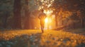 Middle-aged man jogs through sunlit city park